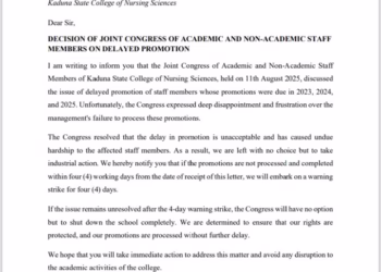 Kaduna State College of Nursing Faces Complete Shutdown Over Three-Year Promotion Delays