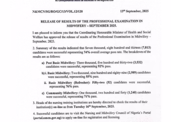 Breaking News: 2025 September Midwifery Examination Results Released – NMCN Confirms 74% Overall Pass Rate