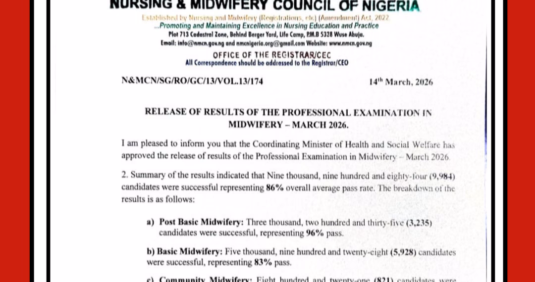 BREAKING NEWS: N&MCN Releases March 2026 Midwifery Professional Examination Results – records 86% Pass Rate!
